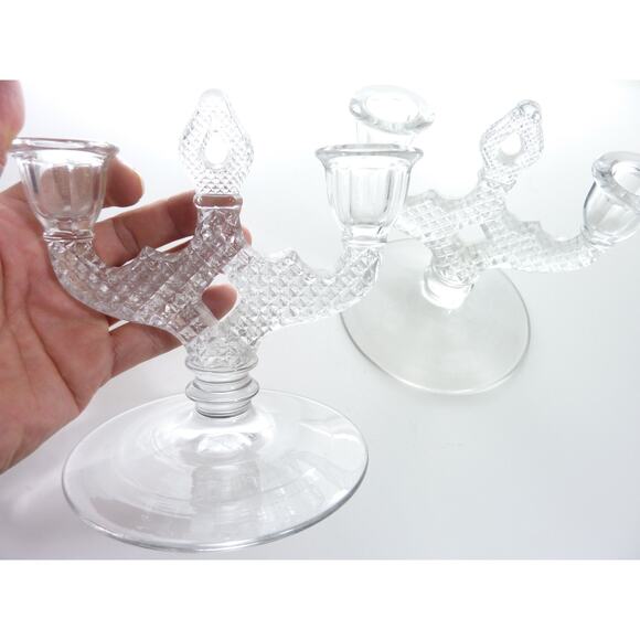 Vintage Double Light Clear Glass Candle Holder Hobnail Two Light Candelabra Pair - Picture 1 of 4